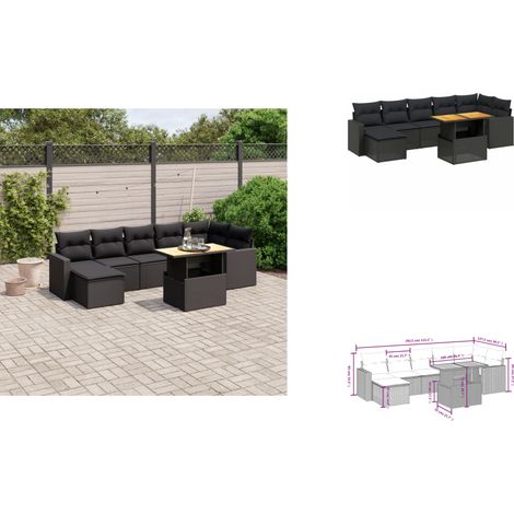 Salon de jardin 8 pcs avec coussins noir résine tressée - Ensemble Salon De Jardin - Meuble Extérieur - Résine Tressée - Rotin Synthétique - Table Extensible (1/3)