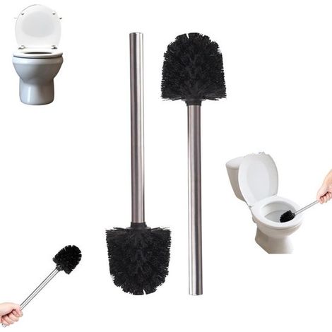 Lot de 2 brosses WC - Tête de brosse à visser - Brosse WC individuelle - Brosse WC universelle - Manche en acier inoxydable - Tête de brosse remplaçable - Noire (1/5)
