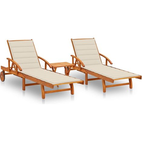 Chaises longues 2 pcs avec table et coussins Acacia solide 9 (1/5)