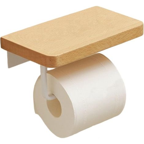 Porte-rouleau de papier toilette avec étagère - Porte-rouleau de papier toilette - Bois - Crochet pour Papier toilette - Idéal pour salle de bain et Toilettes - 16 x 12 x 12 cm - Marron clair (1/5)