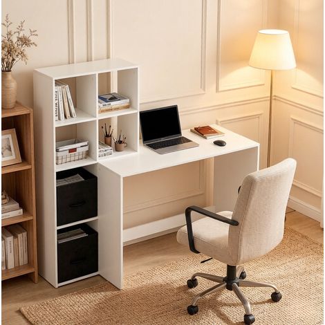 Bureau avec étagère 140.5x50x134 cm blanc en bois avec rangements et boîtes en tissu (1/4)