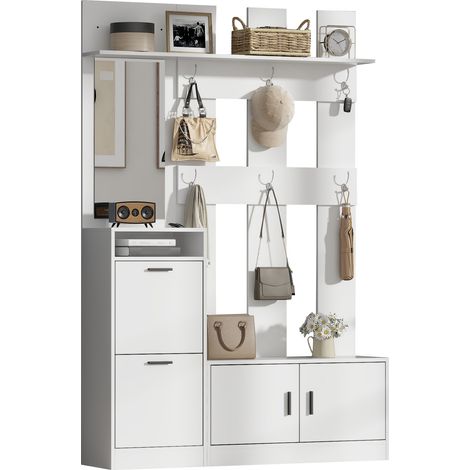 CHICFURN Perchero recibidor con zapatero, espejo, ganchos y banco, armario de entrada estrecho de MDF blanco, 120 x 30 x 180 cm, 80 kg, 2 bultos para pasillo (1/5)
