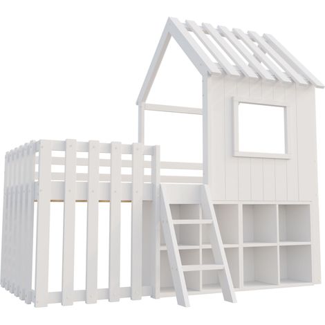 Kinderbett 90 x 200 cm Hausbett mit Dach, Fenster, Stauraum und Leiter, weiß (1/5)