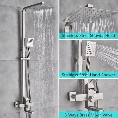 Robinet de douche rotatif (nickel brossé), pommeau de douche mural + douchette à main, salle de bain (1/2)