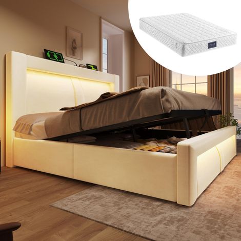 Lit double 160x200cm avec espace de rangement, sommier hydraulique, éclairage LED contrôlable par application, ports de chargement USB et Type-C, velours, tête de lit incurvée, beige, avec matelas,...