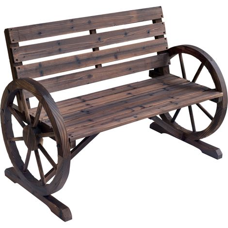 Panchina da Giardino 2 Posti con Braccioli a Ruota Stile Country in Legno Marrone