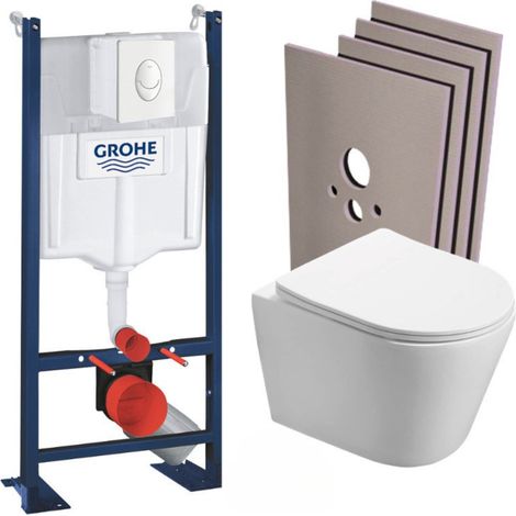 Grohe Pack WC Bâti autoportant + WC sans bride SAT Infinitio + Abattant softclose + Plaque blanc alpin + Set habillage (1/5)