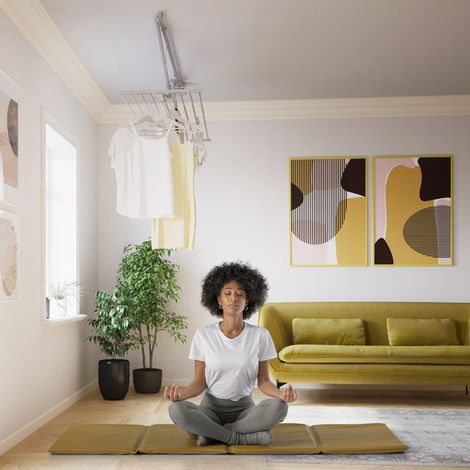 Étendoir de plafond en aluminium et acier – Séchoir vertical repliable 12m – Charge max 10kg – Dimensions L.152 x P.54 x H.25cm – Foxydry