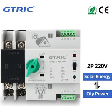 GTRIC – Automatischer Umschalter für zwei Stromversorgungen, Photovoltaik-ATS auf DIN-Schiene 2P, 230 V AC Wechselrichter, unterbrechungsfreier Wahlschalter 63 A 100 A 125 A (kontinental 63 A) (1/5)
