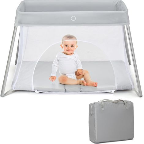 COSTWAY Lit Parapluie Bébé avec Matelas Doux & Lavable, Parc Pliable Bébé avec Fermeture Eclair, Sac de Transport, Charge 15kg pour Bébé de 1-3 Ans (Gris Clair) (1/5)