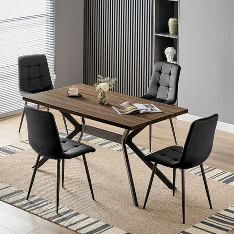 Ensemble table à manger - WAFTING - MDF - 140x80x73 cm - 4 places - Chaises velours noir (1/5)