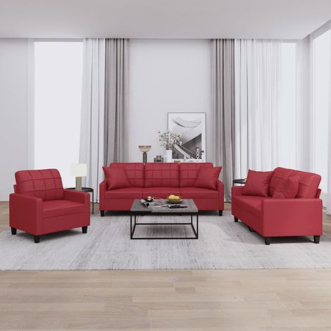 3-tlg. Sofagarnitur mit Kissen Weinrot Kunstleder (1/5)