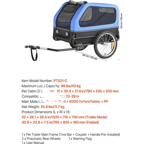 Remorque à vélo pour chien, design pliable facile, résistant aux intempéries, 88lbs (1/2)