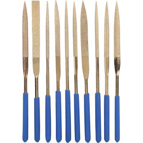 Set aus 10 Nadelfeilen aus titanbeschichtetem Stahl, 5 x 180 mm, diamantbesetzt, zum Feilen und Schneiden (1/5)