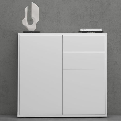 Mai & Mai Meuble de Rangement avec 2 Portes et 2 Tiroirs Casier de Rangement Polyvalent Buffet Blanc Mat 80x36x74 cm SR05 (1/5)
