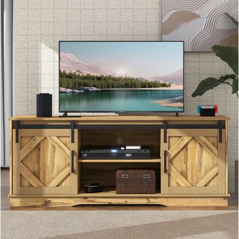 Mueble TV con puertas correderas y estantes marrón OKMYHOME (1/5)