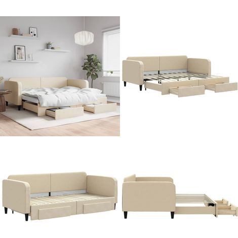 Lit de jour avec gigogne et tiroirs sans matelas crème 90x200cm - Canapé Convertible - Lit D'appoint - Meuble Multifonctionnel - Rangements Intégrés - Literie - Home & Living