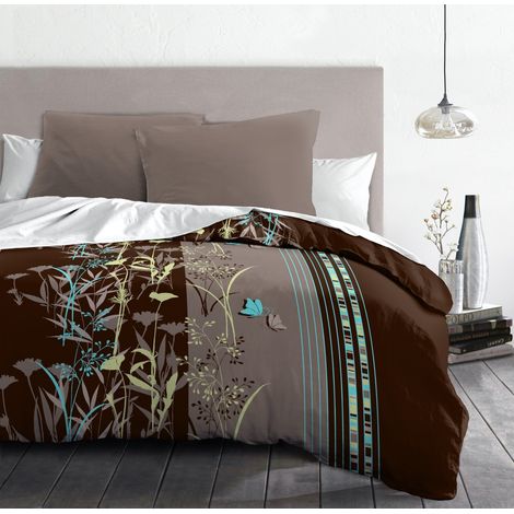 Parure de lit microfibre 220x240 cm – Housse de couette et taies à fermeture zippée – Motifs floraux chocolat et gris taupe (1/3)