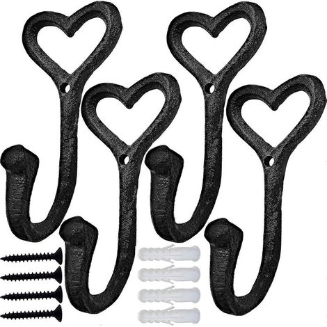 Crochets muraux robustes en fonte en forme de cœur (lot de 4) pour suspendre manteaux, écharpes et sacs. (1/5)