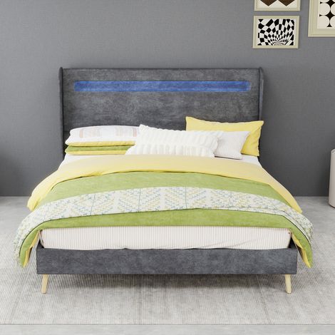 Cama tapizada de tela y metal gris 140x200 cm con LED y cabecero ajustable (1/5)