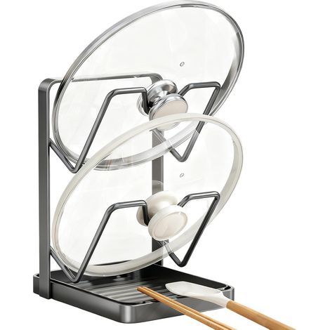 Organisateur de couvercle de casserole, étagère de cuisine, 2 en 1, support de couvercle de casserole avec étagère pour cuillères de cuisine et ustensiles, rangement stable, peu encombrant (1/4)