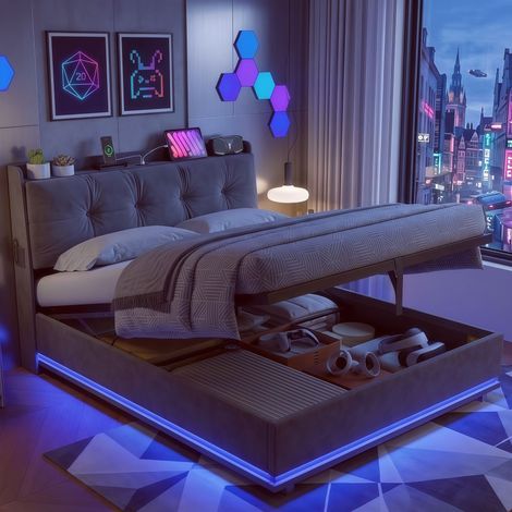 Lit Coffre Adulte 140x200cm en Velours avec LED RGB et Prises USB Type-C, Lit Double Hydraulique avec Tête de Lit Capitonnée, Design Moderne - Gris (1/5)