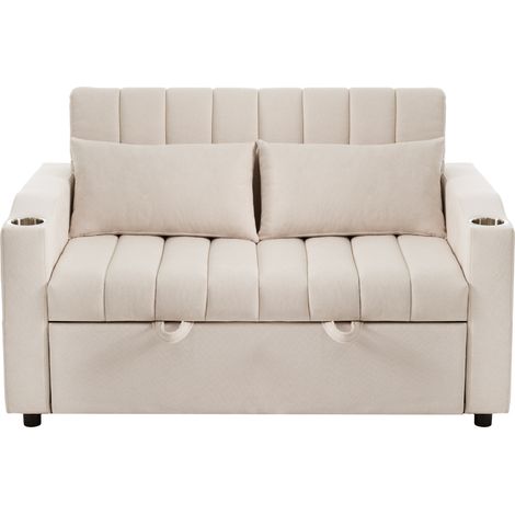 Divano letto, schienale regolabile, divano da 2 posti con portabicchieri e tasca laterale, 2 cuscini, in tessuto, beige (1/5)