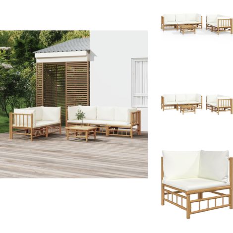 6-tlg. Garten-Lounge-Set mit Cremeweißen Kissen Bambus - Bambus Möbel - Gartenloungeset - Outdoor Möbel - Esstisch - Wohnzimmergarnitur (1/5)