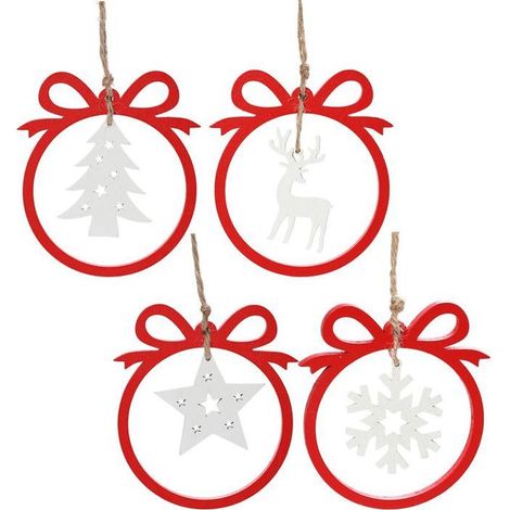 Décorations de Noël - Lot de 4 pendentifs en bois : sapin de Noël ajouré, étoile à cinq branches, élan enneigé, décorations de tabl (1/5)