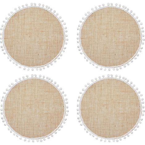 38 cm, Lot de 4 Sets de Table en Jute avec Pompons Blancs Décoratifs