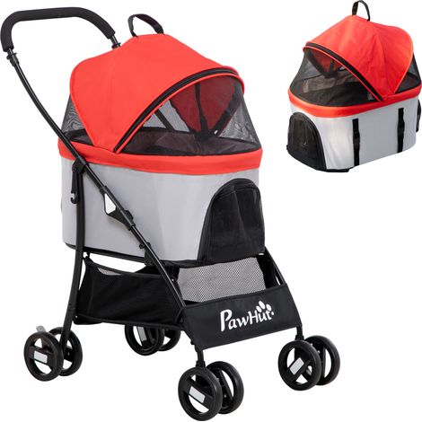 Poussette pliante 2-en-1 Convertible en cage avec 2 laisses et coussin, 82x49,5 x 98 cm, poussette en acier et tissu Oxford, rouge et gris