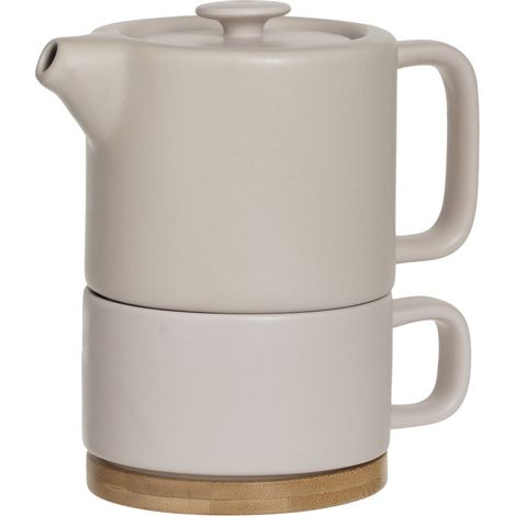 Théière en céramique beige sable avec tasse intégrée et socle en bambou, capacité totale de 650 ml – Secret de Gourmet (1/5)