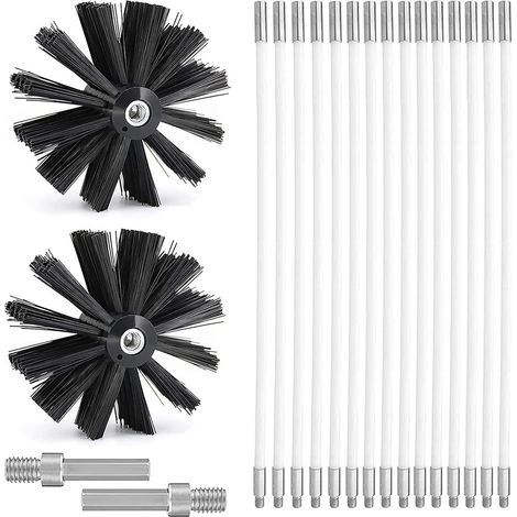 Schornsteinreinigungsset, Schornsteinreinigungsbürstenset Ø150mm, Schornsteinreinigungswerkzeug mit 15 flexiblen Stäben à 410 mm und 2 Bürstenköpfen für Schornsteine, Wäschetrocknerabluftrohre, Abflus