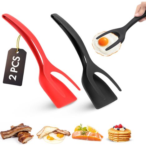 Pinze per uova (set da 2) – Pinze da cucina antiaderenti 2 in 1 per pancake, pesce, uova e altro – Utensile da cucina resistente al calore (nero + rosso)