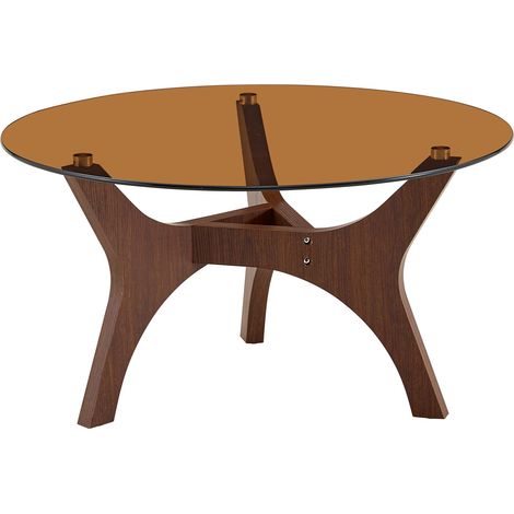 Table basse ronde en verre ambre avec cadre en bois brun, design moderne pour salon, bureau et lounge, résistante à la chaleur et aux rayures CHICFURN (1/5)