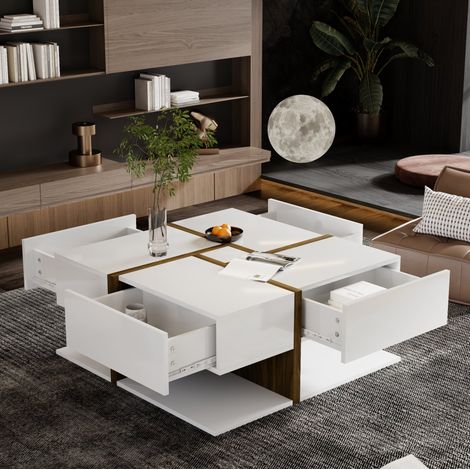 MEUBLIV Mesa baja 78x78x34,8 cm blanca y madera – 4 cajones, almacenamiento inferior (1/5)