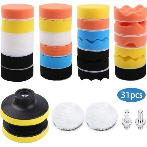 Tampon de Polissage, 31 Kit de Polissage, lustrage, éponge Polissage, Laine De Polissage Cirage, avec Adaptateur M10, pour polisseuse de Voiture (1/5)
