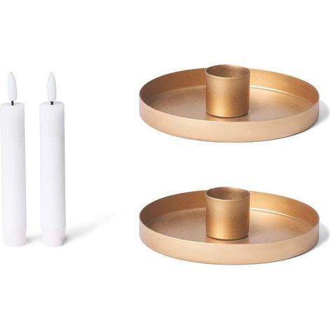 Ensemble de 2 bougeoirs ronds métal doré mat 14 cm avec bougies LED