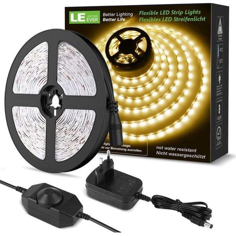 10M Ruban LED Dimmable, Bande LED Blanc Chaud 3000K 600 LEDs SMD 2835, 12V Bandeau LED Autocollant avec Variateur, Connecteurs+Transformateur, Éclairage Intérieur pour Meuble, Escalier, Cuisine [Class (1/5)