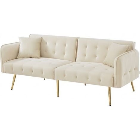 ELVMI Divano Letto 2 Posti con Schienale Regolabile e Braccioli Multi-posizione, in Velluto Beige, 215 × 81,5 cm (1/4)