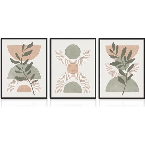 Set de 3 Pièces de Décoration Murale Vert Sauge Boho Minimaliste, Impressions sur Toile de Feuilles Botaniques et de Formes Géométriques pour Chambre et Salon 12x16 pouces sans Cadre (1/5)