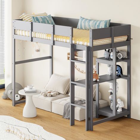 Lit mezzanine 90x200 avec étagère, pin massif gris OKMYHOME (1/5)