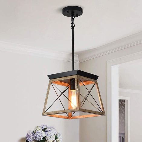Lampe de suspension cage métal lanterne rustique lustre Hauteur réglable luminaire pour îlot de cuisine salle à manger chambre à coucher foyer E27 couleur de bois 1 lumière (1/5)