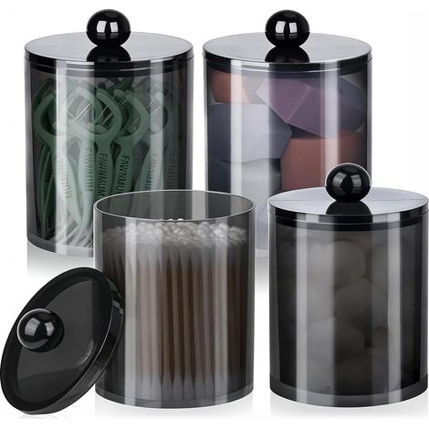 Juego de 4 estuches negros para bastoncillos de algodón con tapa, botellas de almacenamiento negras – 12 × 6,5 cm – con tapas de clip – para algodones, maquillaje, especias, accesorios – Baño, cocina, (1/5)