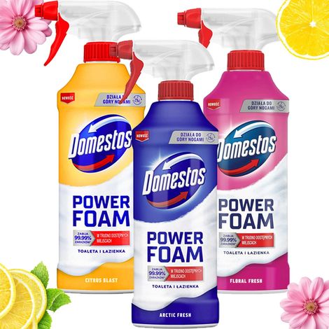 Juego de 3 unidades de Domestos Power Foam para la limpieza de inodoros y baños, 435 ml.