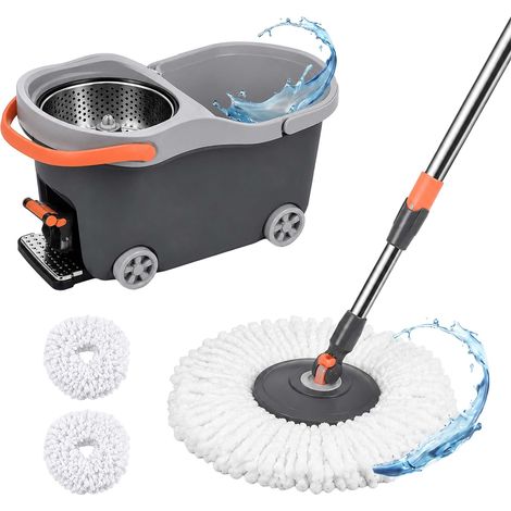Relaxdays Set fregona, cubo de 16L con escurridor y carro con pedal, 29,5x30x50 cm, 2 cabezales de microfibra, gris (1/5)