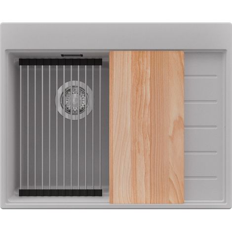 PRIMAGRAN Evier Cuisine en Granit 62x50cm,Lavabo 1 bac + Kit de Vidage + Accessoires, Évier à Encastrer au meuble 40cm - Sydney, Gris (1/5)