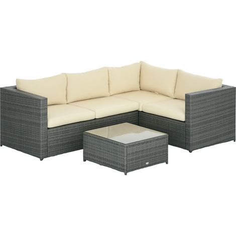 Outsunny 3 Pcs Rattan Corner Sofa Set Coffee Table Garden Furniture w/ Cushion Beige