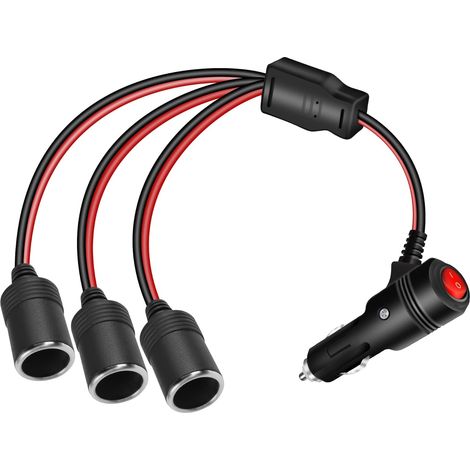 1 to 3 Cigarette Lighter Socket Extension Cable, 3 Sockets with Switch, DC 12 V 24 V Male to Female Splitter Adapter with 15 A Fuse, for Motorcycles and Boats - 30 cm (1/5)