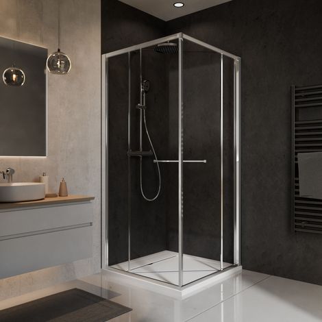 Porte de douche coulissante + paroi latérale, transparent aspect chromé, L. 80 x l..80 cm, SCHULTE, montage réversible, verre 6 mm anticalcaire, Sunny (1/5)